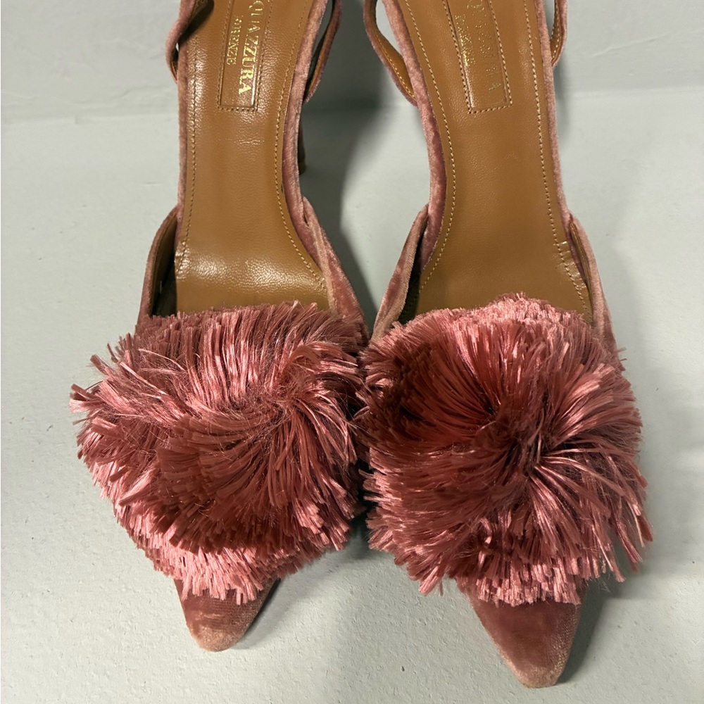Aquazzura Rose Pink Velvet Powder Puff Pom Pom Slingback Pumps - Picture 3 of 3